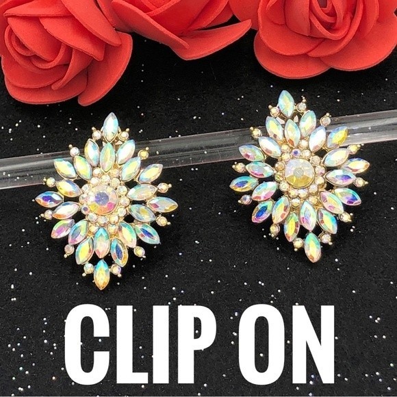 AB Iridescent Rhinestone Statement Clip On Earrings - Picture 1 of 4